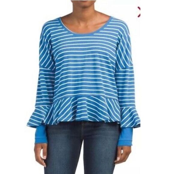 FREE‎ PEOPLE Roundabout Blue White Nautical Henley Peplum Tee Size Medium - Picture 3 of 8